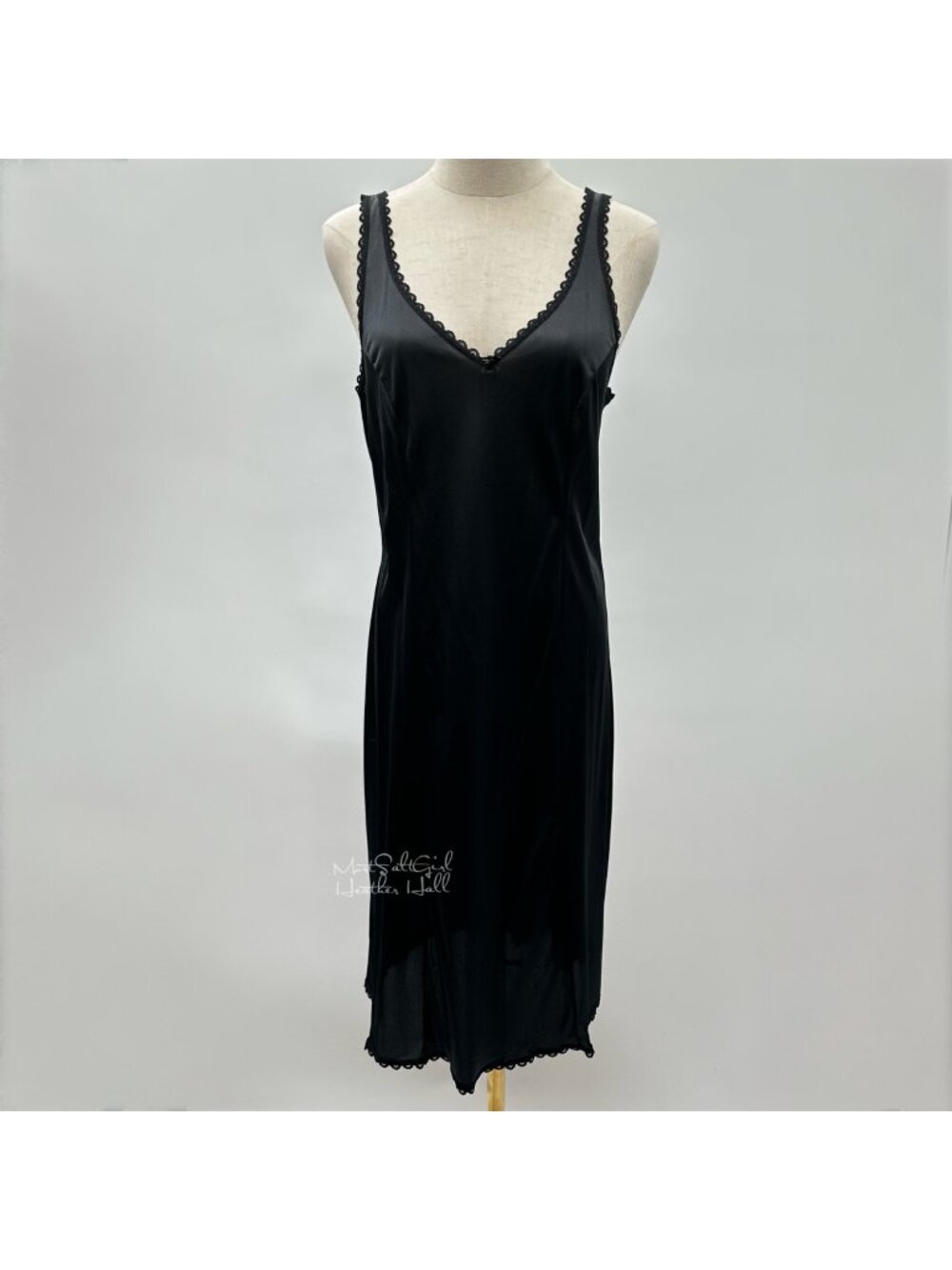 Vintage Adonna Black Nylon Slip with Scalloped Lace Trim Size 36